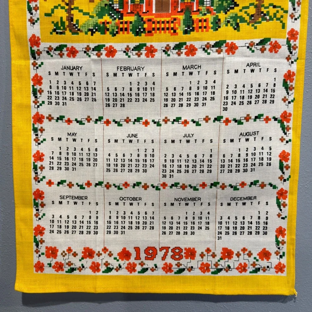Vintage 1978 Bless This House Linen Calendar Tea Towel Wall Hanging Yellow 16x28